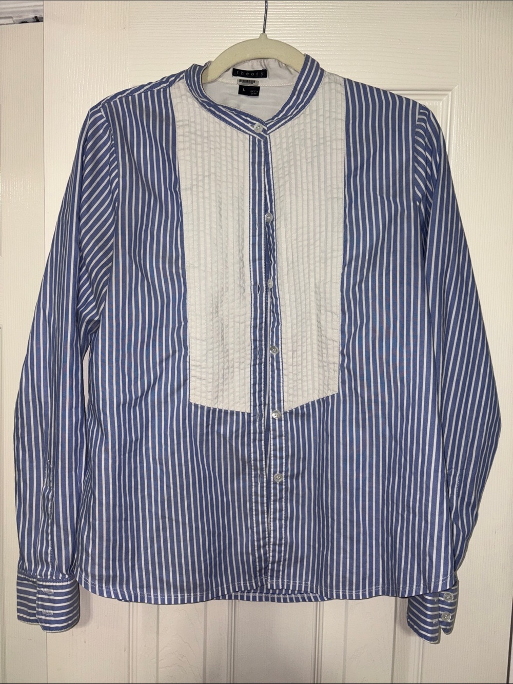 Theory Blue and White Striped women’s Button-Down with Contrast Bib size Large